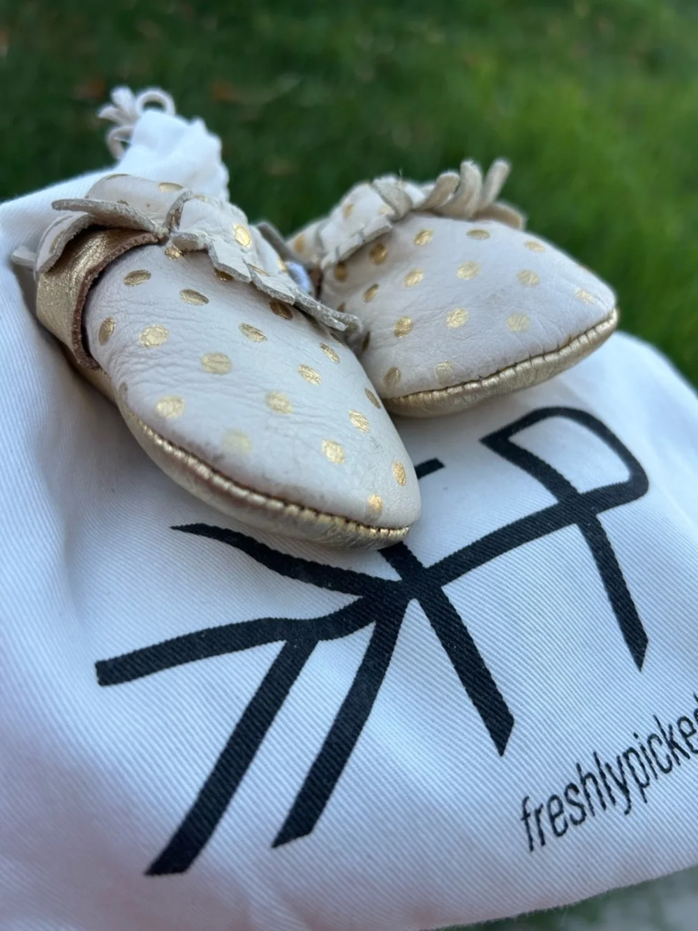 Freshly Picked Cream Moccasins with Gold Polka Dots